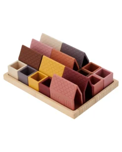 Blocchi per Costruzione Villaggio - Terra - 16 Pezzi - Silicone Alimentare e BambĂą Naturale - 0+