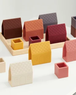 Blocchi per Costruzione Villaggio - Terra - 16 Pezzi - Silicone Alimentare e Bambù Naturale - 0+