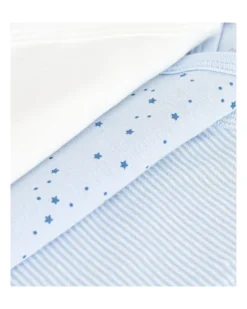 Body Kimono Manica Lunga - Pacco da 3 - Bianco e Azzurro - Stelle e Righe - 100% Cotone Bio
