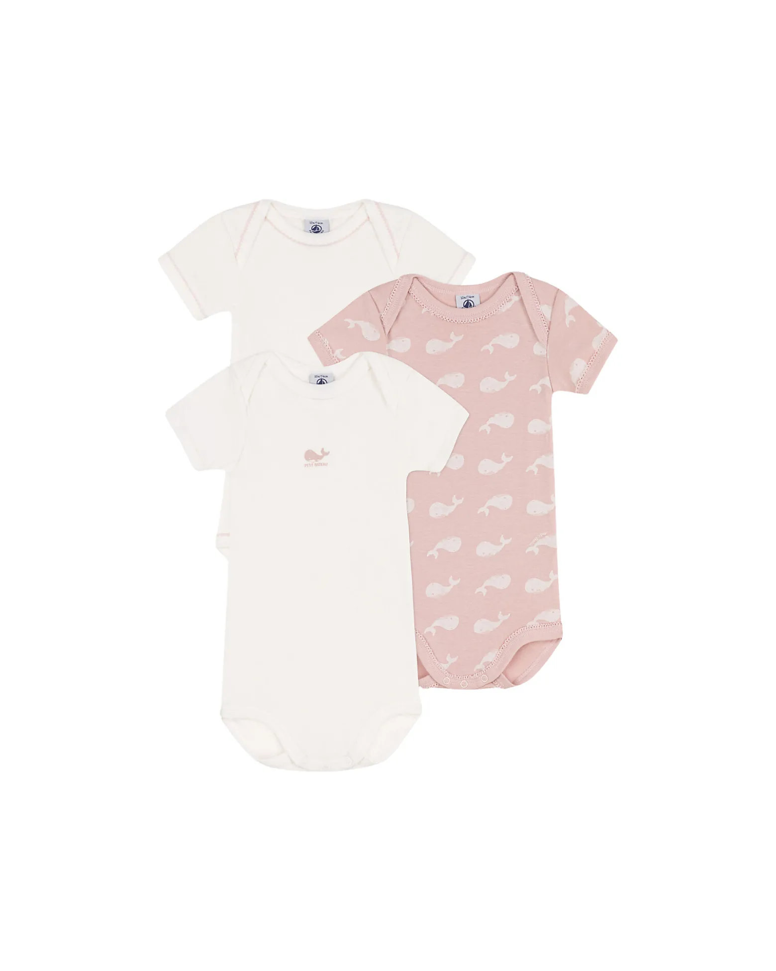 Body Manica Corta - Pacco da 3 - Bianco/Rosa con Balene - 100% Cotone Bio