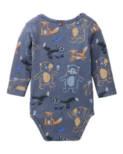 Body Manica Lunga con Bottoni - Blu Fantasia Animali - Cotone GOTS
