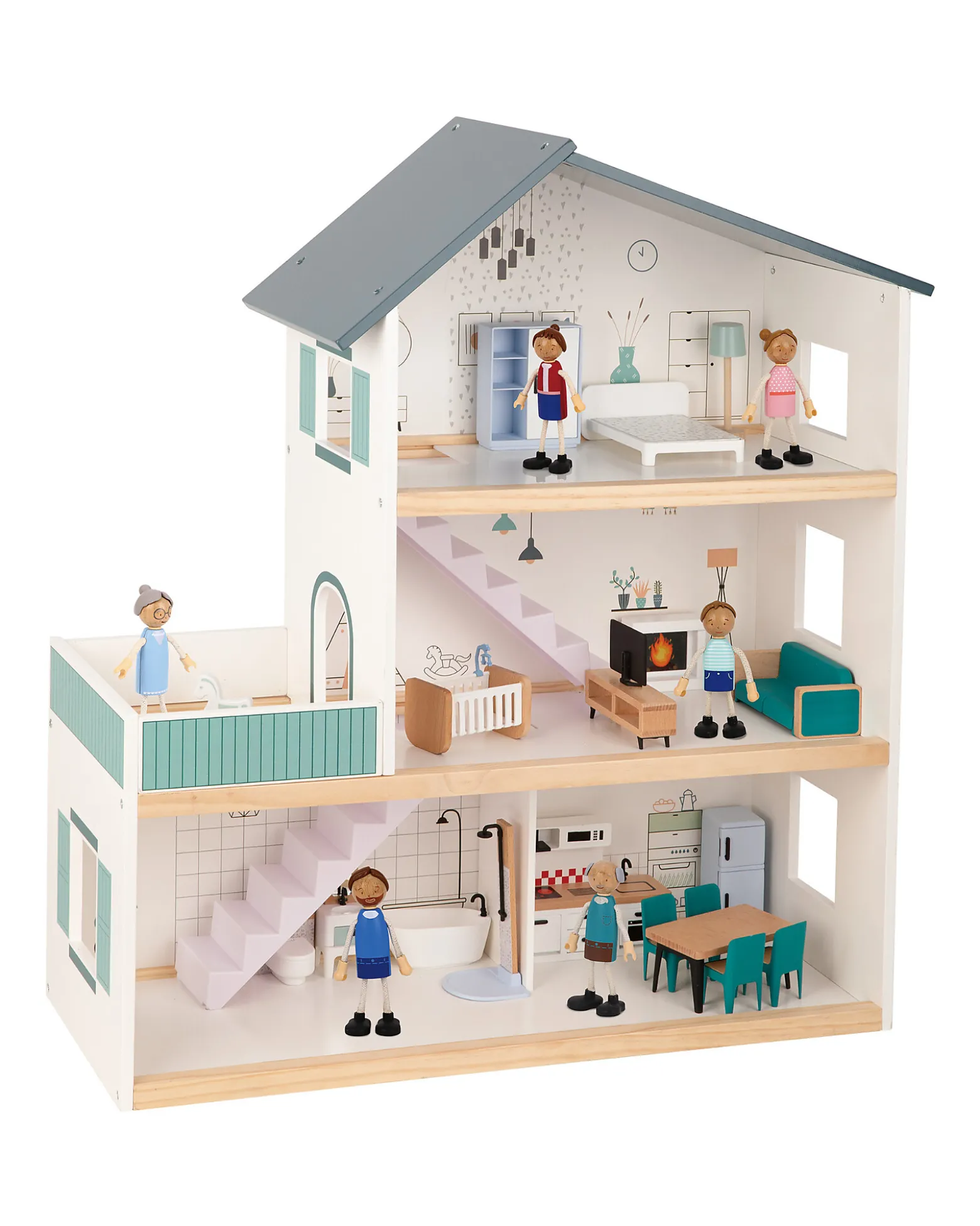 Casa delle Bambole in Legno - 31 Pezzi - 63 x 22,5 x 69,8 cm - 3+ Anni