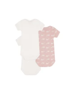 Confezione da 3 Body Manica Corta - Bianco/Rosa - Fantasia Balena - 100% Cotone Organico