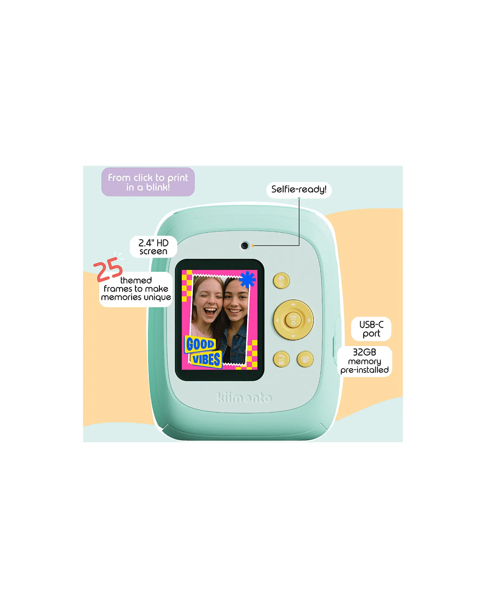 Fotocamera Istantanea Digitale Kiimento - Menta - Stampa Ink-Free - Dai 8 Anni