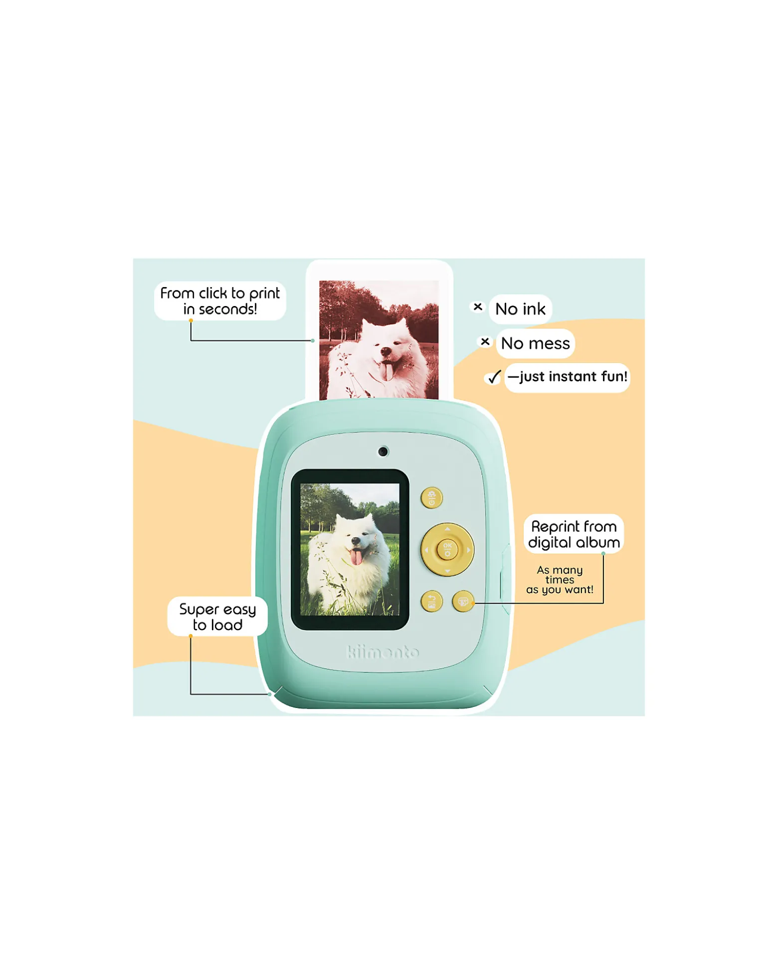 Fotocamera Istantanea Digitale Kiimento - Menta - Stampa Ink-Free - Dai 8 Anni