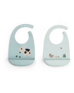Set 2 Bavagli Impermeabili - Tiny Farm - Blu - 100% Silicone Alimentare - con Tasca