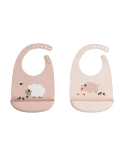 Set 2 Bavagli Impermeabili - Tiny Farm - Cipria - 100% Silicone Alimentare - con Tasca