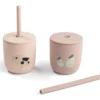 Set 2 Bicchieri con Tappo e Cannuccia 120 ml - Tiny Farm - Cipria - 100% Silicone Alimentare - 12m+