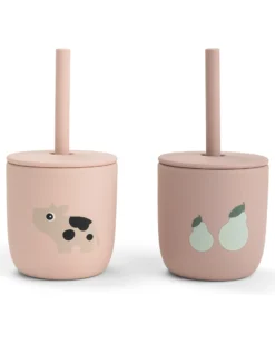 Set 2 Bicchieri con Tappo e Cannuccia 120 ml - Tiny Farm - Cipria - 100% Silicone Alimentare - 12m+