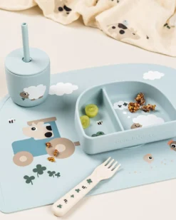 Set 2 Bicchieri con Tappo e Cannuccia 120 ml - Tiny Farm - Blu - 100% Silicone Alimentare - 12m+