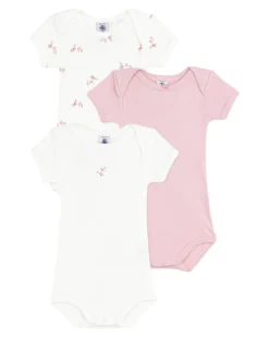 Set 3 Body a Maniche Corte - Azzurro e Bianco - Fiori - 100% Cotone