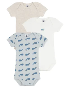 Set 3 Body a Maniche Corte - Beige e Bianco - Balene - 100% Cotone
