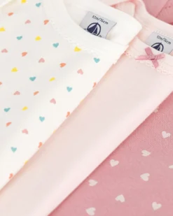 Set 3 Body a Maniche Corte - Rosa e Bianco - Cuoricini - 100% Cotone