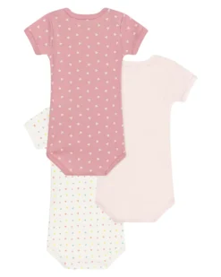 Set 3 Body a Maniche Corte - Rosa e Bianco - Cuoricini - 100% Cotone