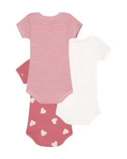 Set di 3 Body a Maniche Corte - Bianco - Rosa Millerighe- Cuori - 100% Cotone