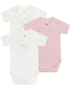 Set di 3 body incrociati a maniche corte - Bianco e Rosso - Millerighe - Stelle - 100% Cotone