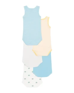 Set di 5 Body Senza Maniche - Bianco - Rosa - Blu - Rana - Blu Millerighe - 100% Cotone Bio