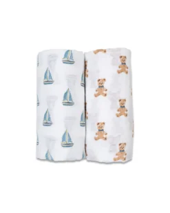 Set di 2 Copertine Swaddle 100 x 100 cm - Orsetto Vintage/Barca a Vela - 100% mussola di cotone