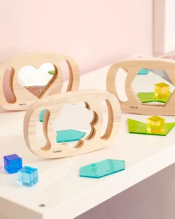 Set 3 Giochi Sensoriali in Legno di Gomma FSC - Specchi con Forme - Easy Hold - 12m+