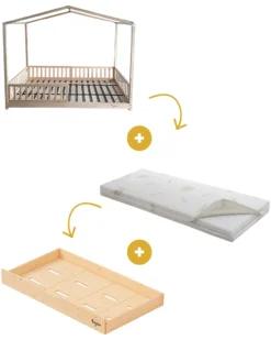 Set 3: Letto Montessori Evolutivo Evi 140x70cm + Cassetto + Materasso 11 cm Aloe Vera