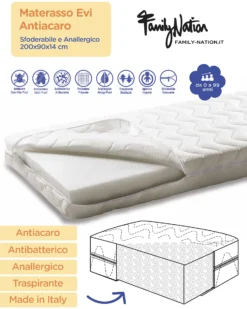 Set 4: Letto Montessori Evolutivo Evi 200x90cm + Letto/Cassetto + Materasso 14 cm Antiacaro per Letto + Materasso 11 cm Aloe Vera per Cassetto
