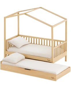 Set 4: Letto Montessori Evolutivo Evi 200x90cm + Letto/Cassetto + Materasso 14 cm Antiacaro per Letto + Materasso 11 cm Aloe Vera per Cassetto