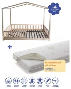 Set 2: Letto Montessori Evolutivo Evi 200x90cm + Materasso 12 cm Aloe Vera