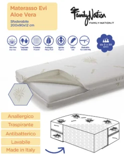 Set 2: Letto Montessori Evolutivo Evi 200x90cm + Materasso 12 cm Aloe Vera