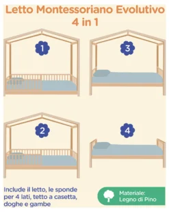 Set 2: Letto Montessori Evolutivo Evi 200x90cm + Materasso 12 cm Aloe Vera