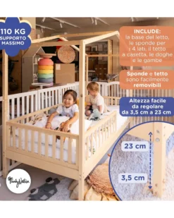 Set 2: Letto Montessori Evolutivo Evi 200x90cm + Materasso 12 cm Aloe Vera