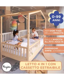 Set 2: Letto Montessori Evolutivo Evi 200x90cm + Materasso 14 cm Antiacaro