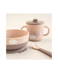 Set Pappa Foodie - Ciotola Tazza e Cucchiaio - Happy Clouds - Rosa Cipria - 100% PP Alimentare