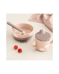Set Pappa Foodie - Ciotola Tazza e Cucchiaio - Happy Clouds - Rosa Cipria - 100% PP Alimentare