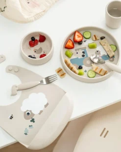 Set Pappa Stick&Stay - Piatto Ciotola e Bicchiere - Tiny Farm - Sabbia - 100% Silicone Alimentare