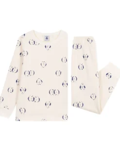 Set Pigiama - Maglia/Pantalone - Pinguini - Bianco Latte - 100% Cotone Felpato