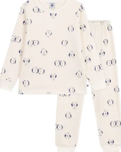 Set Pigiama - Maglia/Pantalone - Pinguini - Bianco Latte - 100% Cotone Felpato