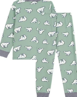 Set Pigiama - Maglia/Pantalone - Orsi Polari - Verde Salvia - 100% Cotone Felpato