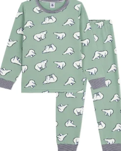 Set Pigiama - Maglia/Pantalone - Orsi Polari - Verde Salvia - 100% Cotone Felpato