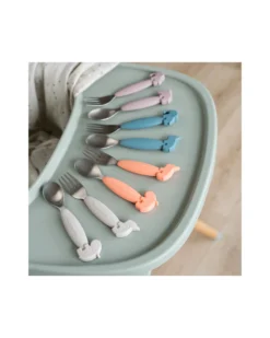 Set 2 Posate Anti-Scivolo - Forchetta e Cucchiaio - Powder - Silicone Alimentare e Acciaio inossidabile
