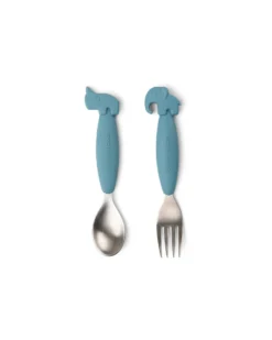 Set 2 Posate Anti-Scivolo - Forchetta e Cucchiaio - Blu - Silicone Alimentare e Acciaio inossidabile
