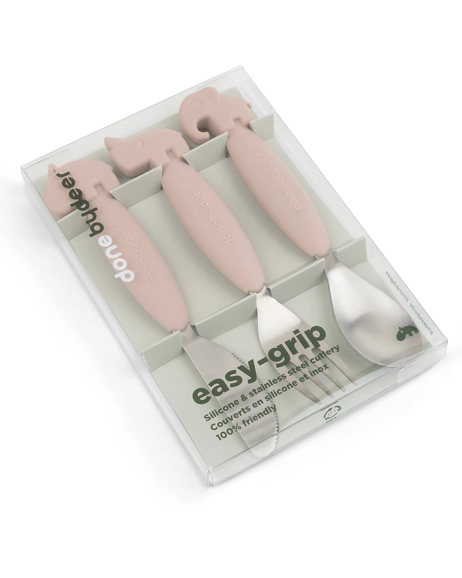 Set 3 Posate Anti-Scivolo - Forchetta, Cucchiaio e Coltello - Cipria - Silicone Alimentare e Acciaio inossidabile
