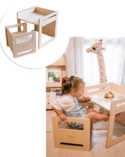 Set Tavolo+Sedia Montessori Evolutivi - Natural - Legno di Betulla - Cresce Con Il Tuo Bambino