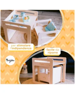 Set Tavolo+Sedia Montessori Evolutivi - Natural - Legno di Betulla - Cresce Con Il Tuo Bambino