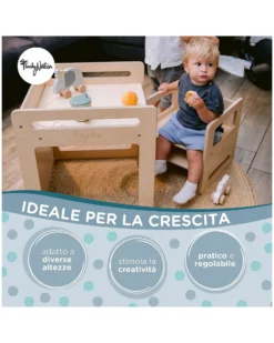 Set Tavolo+Sedia Montessori Evolutivi - Natural - Legno di Betulla - Cresce Con Il Tuo Bambino