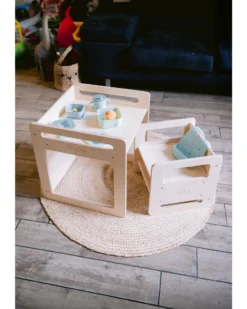 Set Tavolo+Sedia Montessori Evolutivi - Natural - Legno di Betulla - Cresce Con Il Tuo Bambino