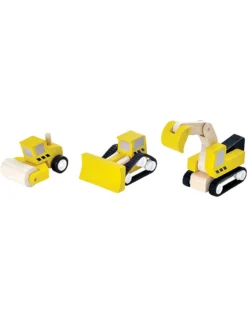 Set Veicoli da Costruzione in Legno: Escavatore, Rullo Compressore e Ruspa