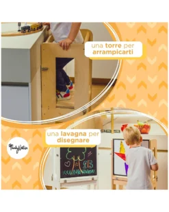 Torre Montessori 3 in 1 - Natural - Lavagna Magnetica e Convertibile in Tavolo+Sedia