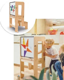 Torre Montessori 3 in 1 - Natural - Lavagna Magnetica e Convertibile in Tavolo+Sedia