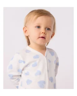 Tutina Intera in Tessuto Felpato Spazzolato - Bianco con Cuori Azzurri - 100% Cotone
