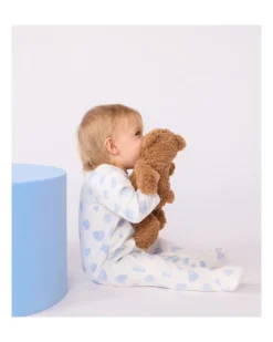 Tutina Intera in Tessuto Felpato Spazzolato - Bianco con Cuori Azzurri - 100% Cotone